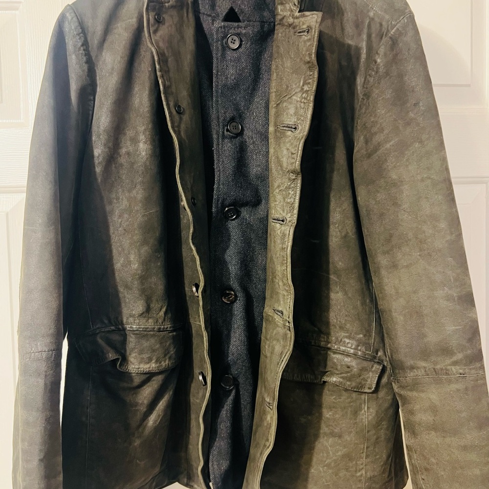 All Saints Waxed Goat Suede Olive Green Double Layer Jacket